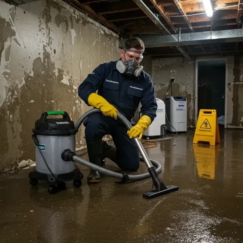 FloodCleanup247 technician removing basement floodwater with high-powered vacuum wearing branded uniform